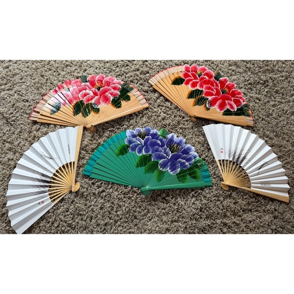 Other - Lot Of Five Folding Hand Fans Wooden And Paper